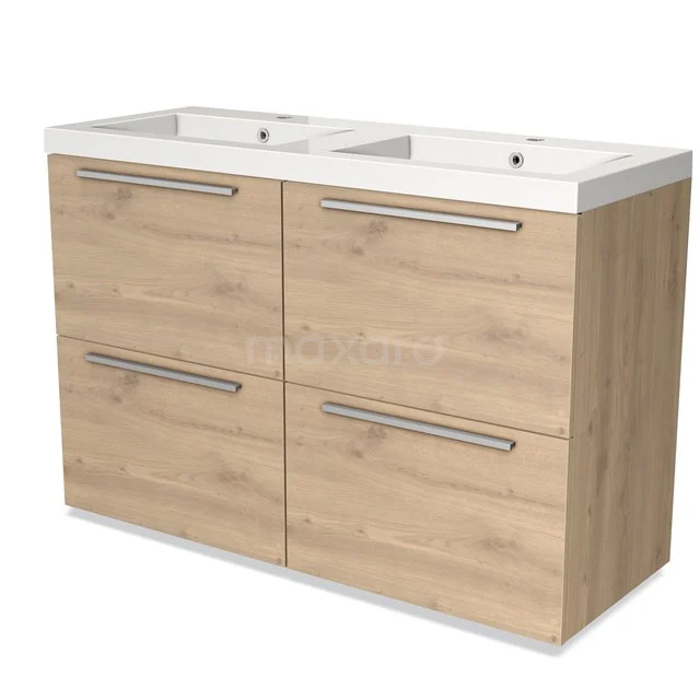 Houten badkamermeubel met dubbele witte wasbak, vier lades en moderne metalen handgrepen, ideaal voor een eigentijdse badkamer.