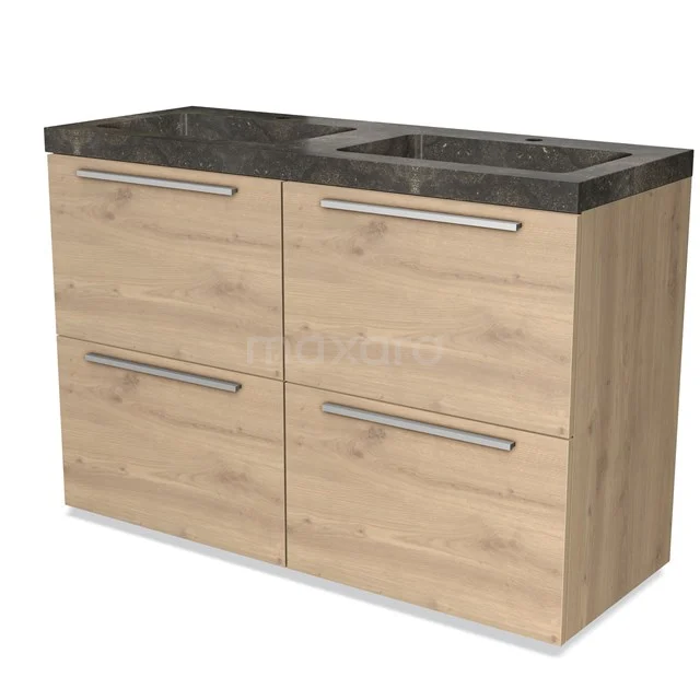 Houten badkamermeubel met vier lades, zwart marmeren wastafelblad en dubbele wasbak, ideaal voor moderne badkamers.