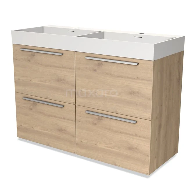 Houten badkamermeubel met dubbele witte wastafel en metalen handgrepen, modern design, ideaal voor stijlvolle badkamers.