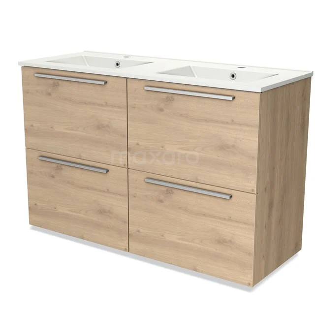 Holz-Badmöbel mit Doppelwaschbecken, vier Schubladen und eleganten Haltegriffen, ideal für moderne Bäder.