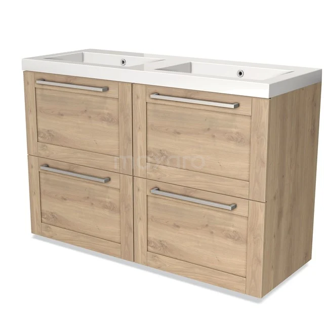 Modulo Vanity units with basin | 120 cm Light brown oak Frame front Mineral marble 4 high drawers BMW14-00324 Wooden bathroom unit with double basin in white, four metal handles and a light oak finish, ideal for modern bathrooms.