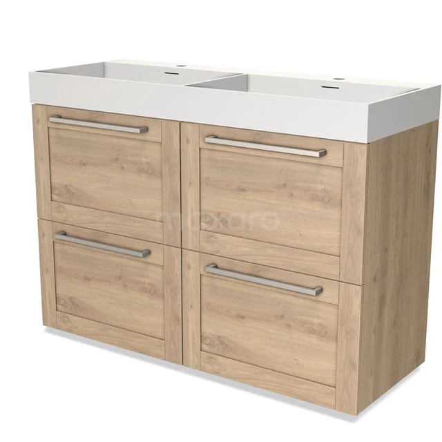 Modulo Vanity units with basin | 120 cm Light brown oak Frame front Solid surface 4 high drawers BMW14-00330 Wooden bathroom unit with double white vanity units with basin, 4 drawers and modern metal handles in a stylish oak look.