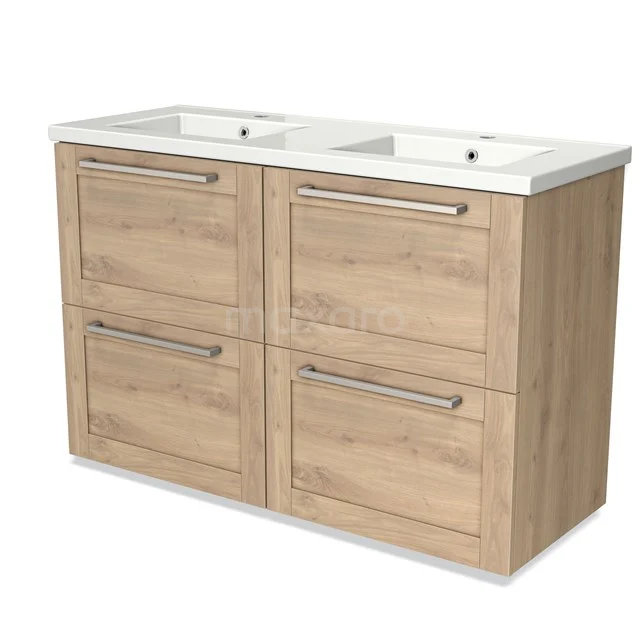Modulo Vanity units with basin | 120 cm Light brown oak Frame front Ceramic 4 high drawers BMW14-00331 Wooden bathroom unit with double basin, four drawers and chrome handles, ideal for stylish bathroom storage.