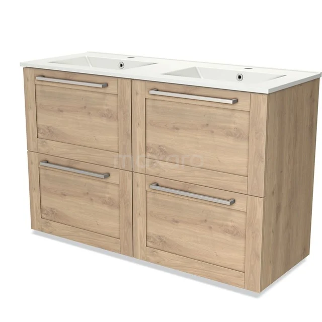 Wooden Bathroom unit with double basin, light Oak look, modern metal handles, ideal for a stylish bathroom.