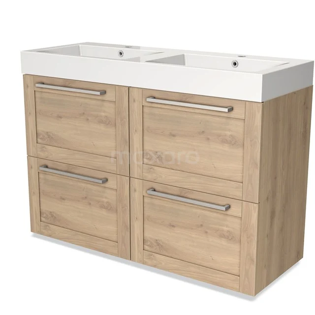 Wooden bathroom unit with vanity units with basin, oak look, four drawers with metal handles, ideal for modern bathrooms.