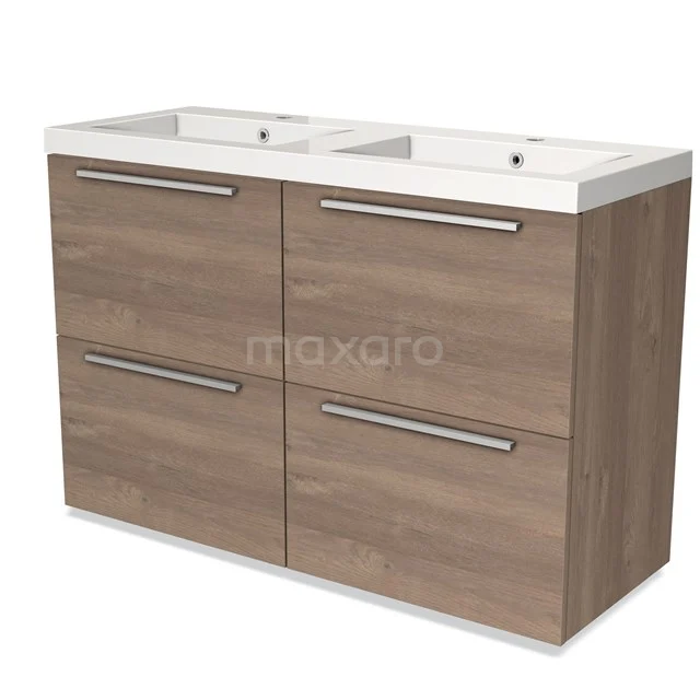 Wooden bathroom unit with double basin, modern look, four drawers and metal handles, perfect for any bathroom.