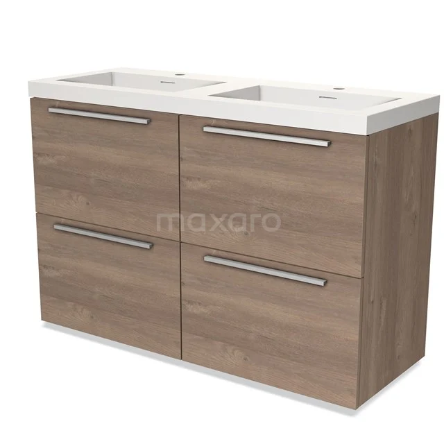 Badkamermeubel houtlook, dubbele wastafel, moderne stijl, vier ruime lades, ideale opbergruimte voor badkameraccessoires.
