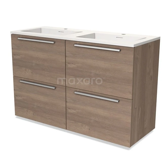 Houten badkamermeubel met dubbele wastafel, moderne staalgrijze handgrepen en ruime opbergladen. Perfect voor een stijlvolle badkamer.