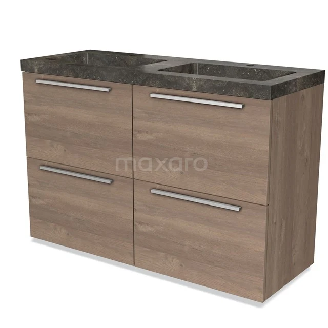 Houten badkamermeubel met vier lades, natuursteen wastafel en metalen handgrepen, ideaal voor een stijlvolle badkamer.