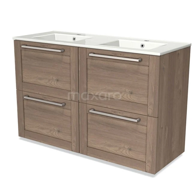 Wooden bathroom unit double basin worktop, four drawers with metal handles, modern style, ideal for bathroom storage.