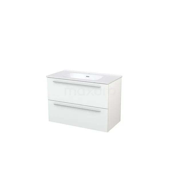Modulo+ Vanity units with basin | 90 cm High-gloss white Flat front Ceramic 2 Stacked drawers BMP002893 White bathroom unit with two drawers, integrated vanity units with basin and sleek handles; modern design and glossy finish.