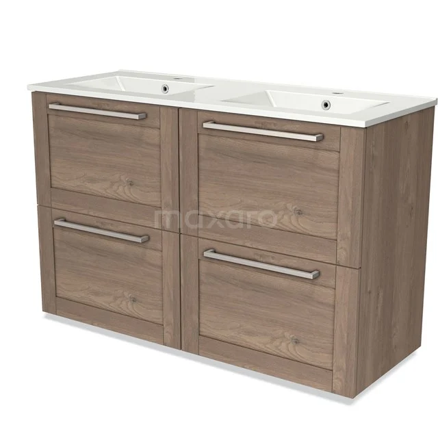 Wooden vanity units with double basin, light oak colour, sleek design, four drawers with silver handles.