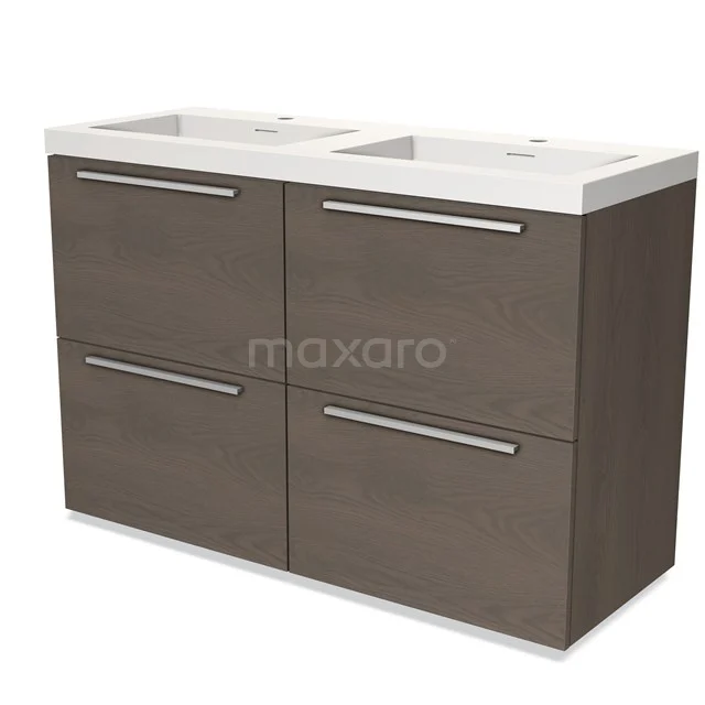 Moderne badkamermeubelset met dubbele wastafel, houtlook fronten en strak design; ideaal voor praktische badkamerinrichting.