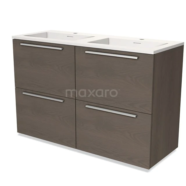 Dubbele wastafel in moderne houten kast, donkerbruin, met vier lades, ideaal voor extra opbergruimte in de badkamer.