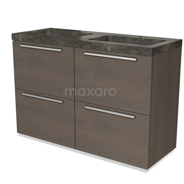Dark wood bathroom unit with granite worktop, four drawers and double basin, perfect for a modern bathroom.