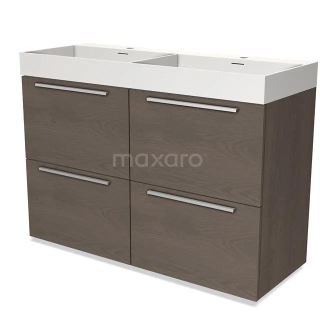 Dubbele wastafelmeubel, houtlook kast in modern design met vier lades, ideaal voor stijlvolle badkameropslag.