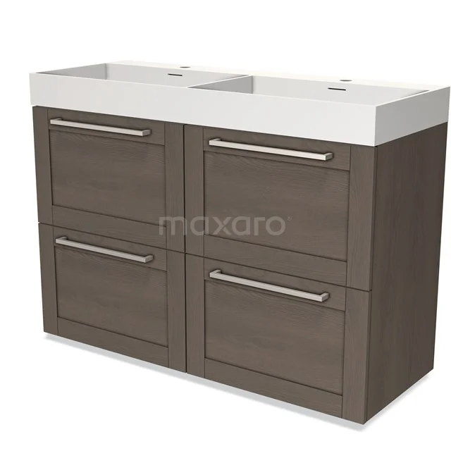Modulo Bathroom furniture with sink | 120 cm Dark brown oak Frame front Solid surface 4 high drawers BMW14-00386 Wooden bathroom unit with double basin, four drawers and modern handles, ideal for stylish bathroom storage.