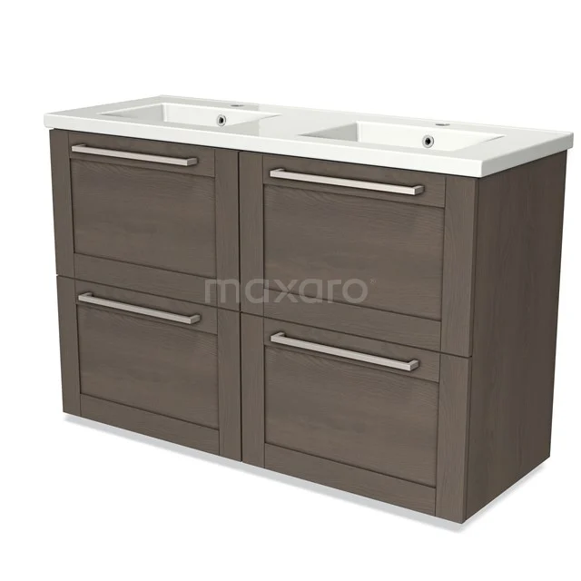 Brown wooden vanity units with double basin, sleek handles and a modern look.