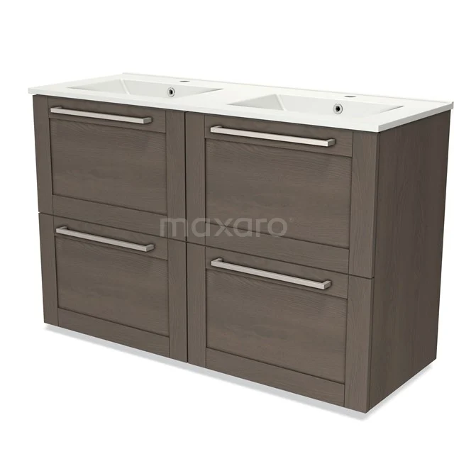 Modulo Bathroom furniture with sink | 120 cm Dark brown oak Frame front Ceramic 4 high drawers BMW14-00390 Double wooden vanity unit in dark Oak with four drawers and chrome handles, suitable for modern bathrooms.