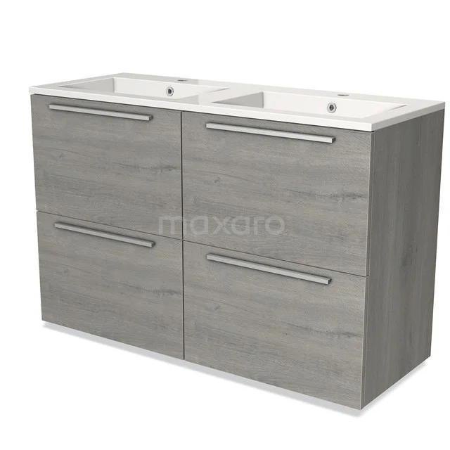 Modulo Vanity units with basin | 120 cm Grey oak Flat front Mineral marble 4 high drawers BMW14-00396 Double basin Grey oak, modern bathroom furniture set with drawer fronts and chrome handles.