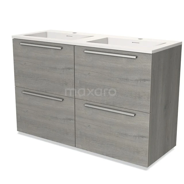 Modulo Waschtische | 120 cm Graue Eiche Flach front Solid Surface 4 hohe Schubladen BMW14-00398 Graues Holz Badezimmermöbel mit doppeltem Waschbecken, modernen metallischen Haltegriffen und geräumigen Schubladen.