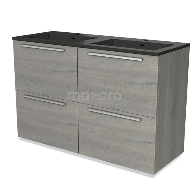 Grey vanity unit with double basin, wood-look finish, matte black top and four drawers with silver handles.