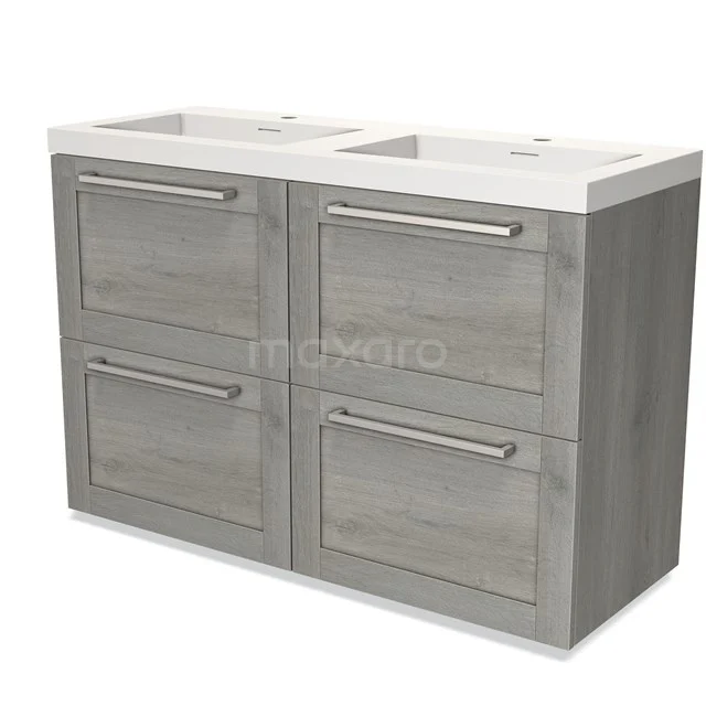 Grey wooden bathroom unit with double basin, modern finish and four spacious drawers for optimal storage space.