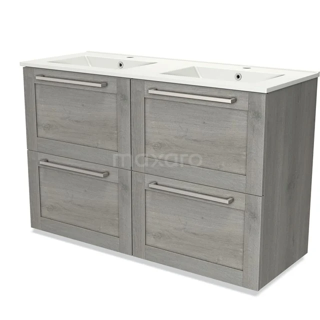 Modulo Waschtische | 120 cm Graue Eiche Rahmen front Keramik 4 hohe Schubladen BMW14-00418 Doppelwaschbecken mit hellgrauem Holzunterbau, schlichten Schubladen und Chromgriffen, ideal als moderne Badmöbel-Lösung.
