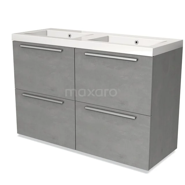Dubbele grijze wastafelmeubel met vier lades, strakke handgrepen en een modern design, perfect voor de badkamer. 