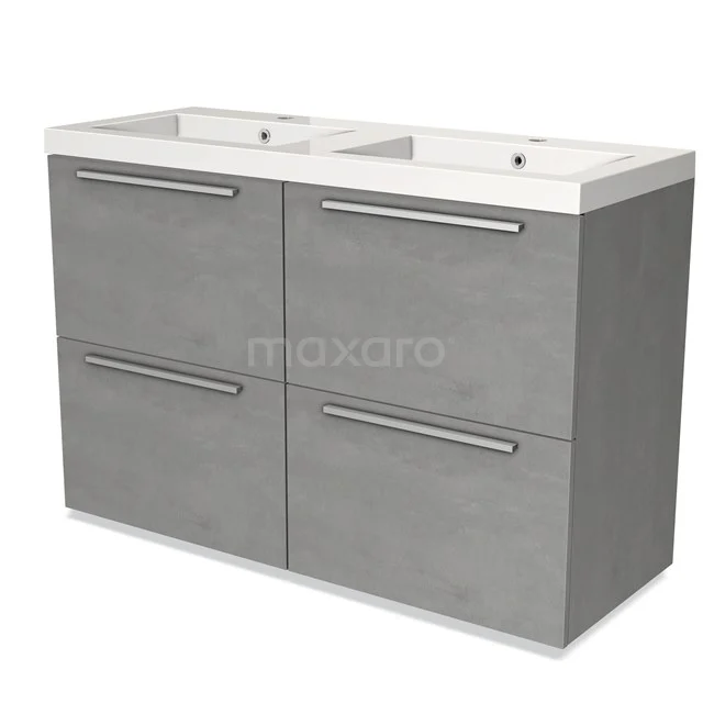 Grey double vanity unit with four drawers, modern look, ideal for bathroom storage.
