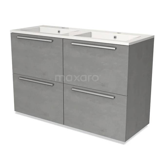 Grijze dubbel wastafelmeubelset, betonlook, modern design, met vier lades en strakke handgrepen voor een stijlvolle badkamer.