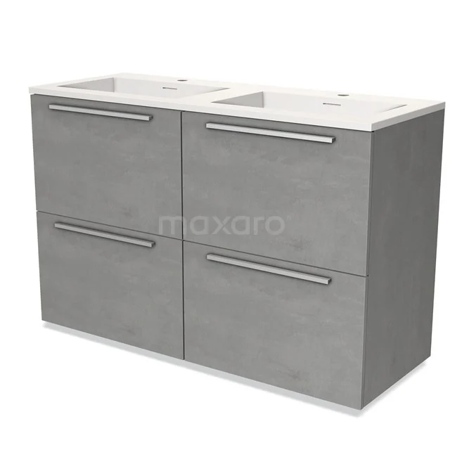Grijze badkamermeubelset met dubbel wastafelblad, vier lades en metalen handgrepen, ideaal voor moderne badkamerstijlen.