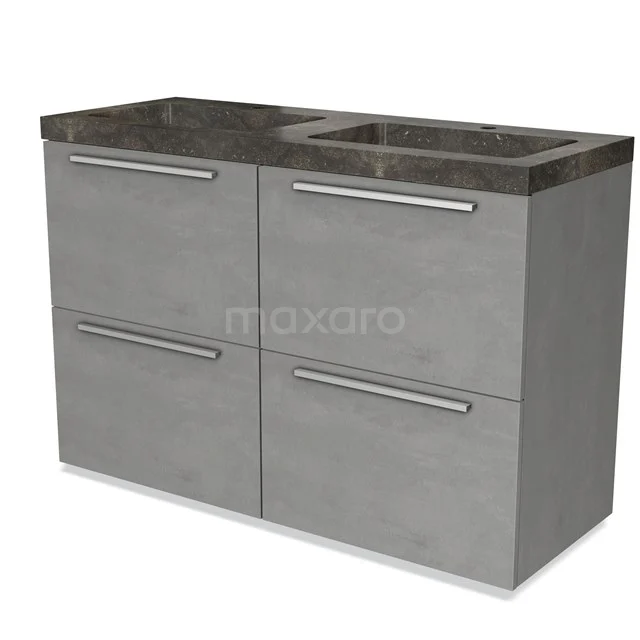 Grijze badkamermeubel met ladefronten, dubbele wastafel en marmeren blad, strak design voor moderne badkamers.