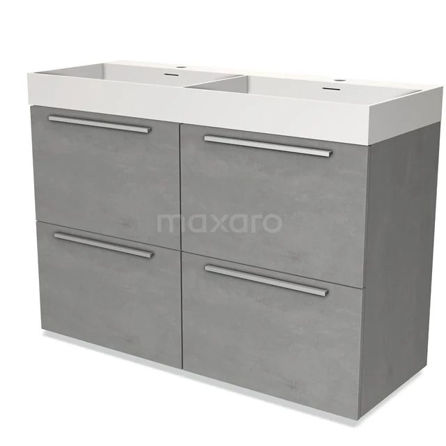 Grijze dubbele wastafelmeubel met vier lades, strak design, perfect voor moderne badkamers.