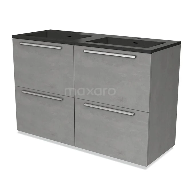 Modulo Vanity units with basin | 120 cm Light grey concrete Flat front Quartz 4 high drawers BMW14-00430 Grey bathroom furniture set with two basins, concrete-look finish and four storage drawers for a modern bathroom.