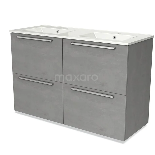 Badmöbel 120cm Modulo hellgrauer Beton 4 hohe Schubladen Flaches Waschbecken aus Keramik BMW14-00431 Grauer Badschrank mit Doppelwaschbecken, schlichte metallene Haltegriffe, kompaktes Design und moderne Ausstrahlung.