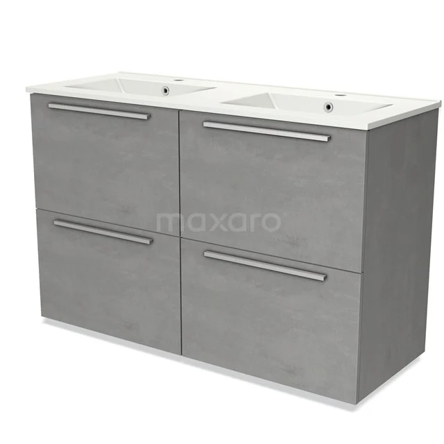 Grijze dubbele wastafelkast met vier lades en metalen handgrepen, ideaal als moderne badkamermeubel.