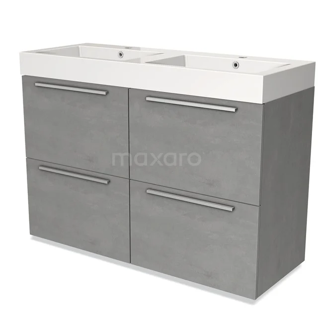 Dubbele wastafel met grijs betonnen onderkast, strak design, ideaal voor moderne badkamers.