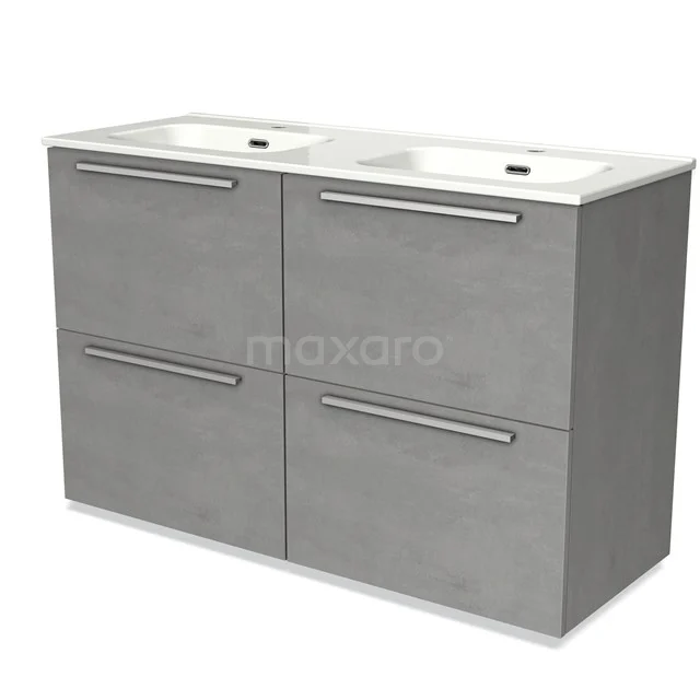 Dubbele grijze wastafelonderkast met 4 lades, betonlook, inclusief witte keramische wasbak, ideaal voor moderne badkamers.