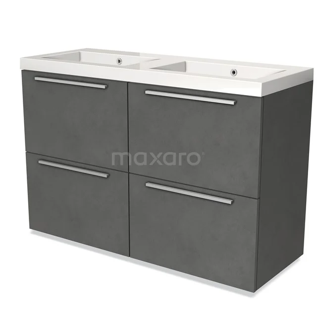 Donkergrijze dubbele wastafelmeubel met greeploze lades, ideaal voor moderne badkamers.
