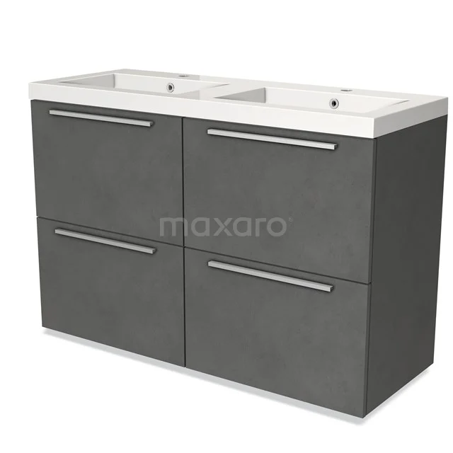 Grijze dubbele wastafelmeubel met vier lades, moderne afwerking, ideaal voor badkameropslag en stijlvol interieur.