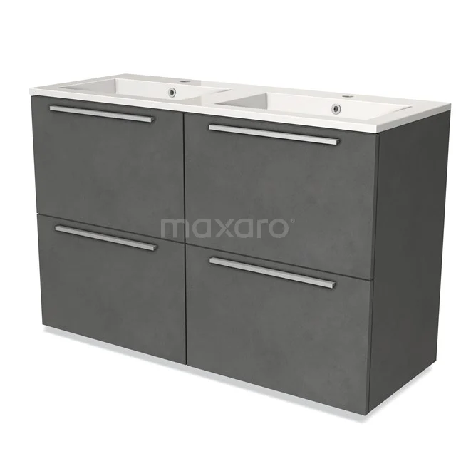 Donkergrijs badkamermeubel met dubbele wastafel, strakke lades en metalen grepen, ideaal voor moderne badkamers.