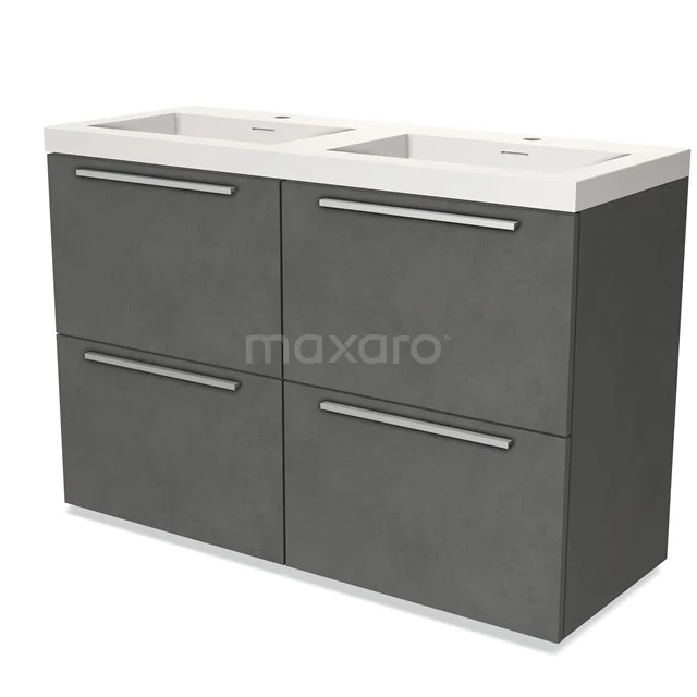 Grijs badkamermeubel met dubbele wastafel, handgrepen en vier lades; modern design, ideaal voor ruime badkameropslag.