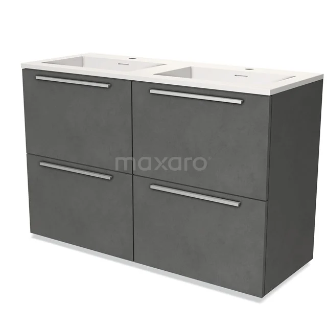 Grijze dubbele wastafelmeubel met keramische wasbak, 4 lades en strakke handgrepen, perfect voor moderne badkamers.