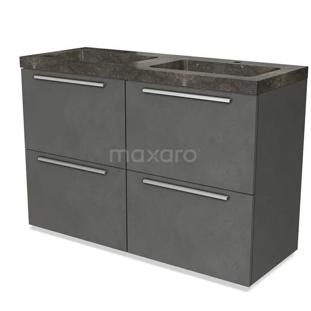 Grauer Badschrank mit Doppelwaschbecken, modernes Design, vier Schubladen und marmorierter Platte, ideal für stilvolle Bäder.