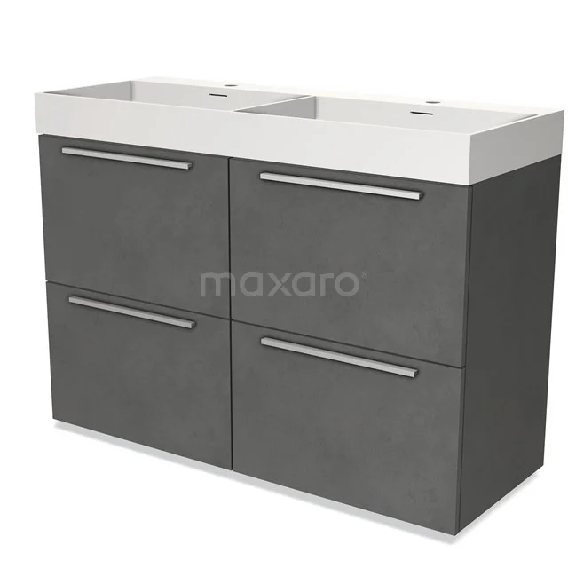 Dubbele wastafelmeubel met grijze lades, metalen grepen en witte wasbak, modern design, ideaal voor een strakke badkamerstijl.
