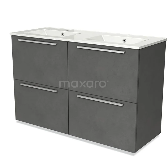 Antracietgrijze dubbele wastafel met vier lades, moderne badkamerkast van keramiek en glad design.