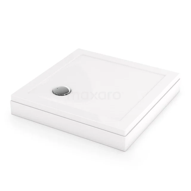 Weiße quadratische Duschwanne mit aufstehenden Rändern, hochwertiger Keramik, Abfluss links. Modernes Aussehen für jedes Badezimmer.