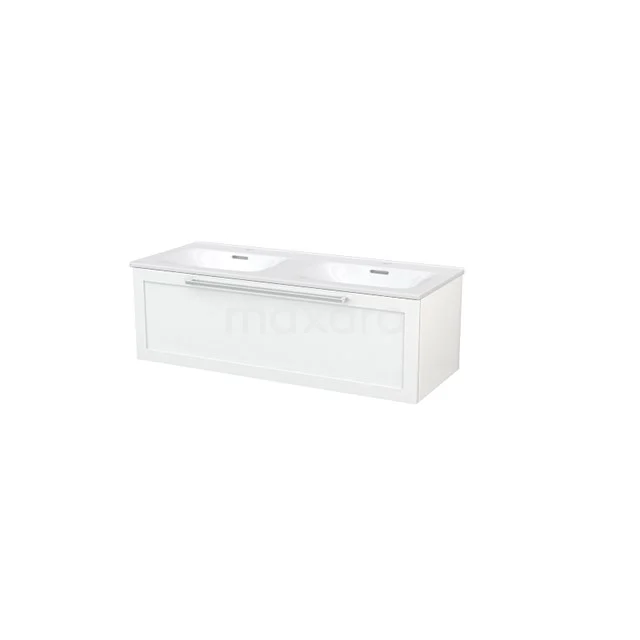 Weißes Doppel-Waschtischmöbel mit klaren Paneelen, minimalistischem Design und modernem Erscheinungsbild für ein stilvolles Badezimmer.