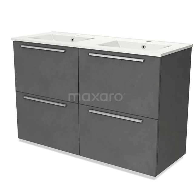 Grijze dubbele wastafel met vier lades en metalen handgrepen, perfect voor een moderne badkamer inrichting.